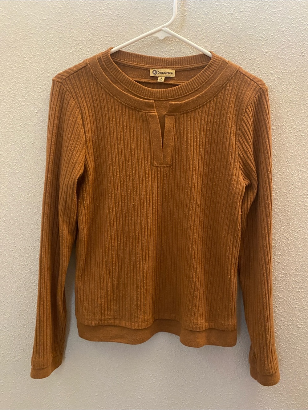 Democracy Ribbed Long-Sleeve Henley Top - Rust Orange